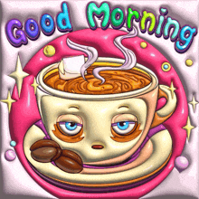 a cartoon illustration of a cup of coffee with the words good morning written above it