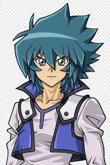 a drawing of a boy with blue hair and a purple vest