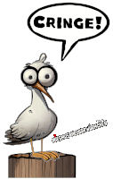 a cartoon of a seagull with glasses and a speech bubble that says cringe