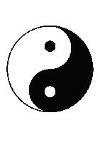 a black and white yin yang symbol with a white circle in the middle on a white background .