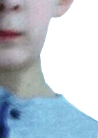 a close up of a person 's face with a blue shirt on .