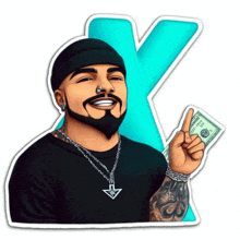 a man with a beard is holding a dollar bill in front of a letter x