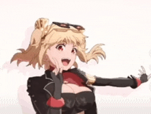 a blonde anime girl wearing sunglasses and a black jacket is giving a peace sign .