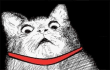 a black and white drawing of a cat with a red line around its neck