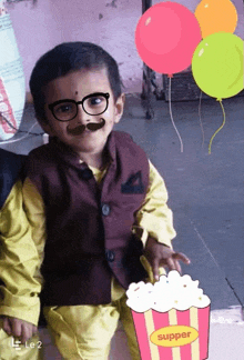 a young boy wearing glasses and a fake mustache is holding a bucket of popcorn