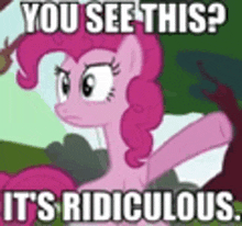 pinkie pie from my little pony is making a funny face and says `` you see this ? it 's ridiculous '' .