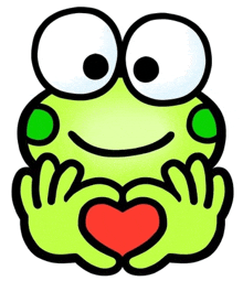 a cartoon frog is holding a heart in its hands .