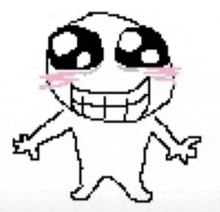 a pixel art drawing of a cartoon character with a big smile on his face and arms outstretched .