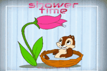 a cartoon of a chipmunk taking a shower with the words shower time written above him