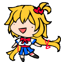 a cartoon drawing of a girl with long blonde hair and a red bow on her head .