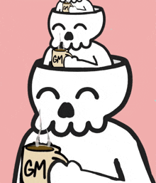 a cartoon of a skull drinking a cup of gm