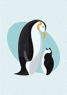 an illustration of two penguins standing next to each other on a blue background