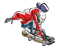 a cartoon drawing of a skeleton riding a skateboard with a purple hat on