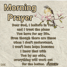 a morning prayer with a bird on a branch with flowers