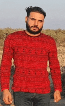 a man with a beard and a red sweater is standing in a field .