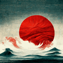 a painting of a red sun with a wave coming in