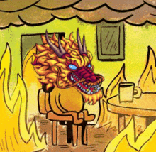 a cartoon of a dragon sitting at a table with flames behind it