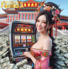 a woman in a pink dress is playing a slot machine in front of a museum bola sign