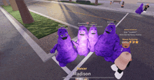 a group of purple cartoon characters are standing on a sidewalk with the name dancer madison on the bottom left