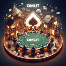 a group of people sit around a poker table with omut written on the table