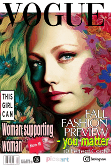 a vogue magazine cover with a woman 's face on it