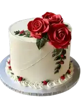 a white cake with red roses and the letters a.c.