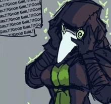 a drawing of a woman wearing a plague doctor mask and a hood .