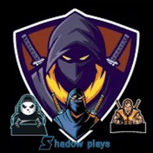 a shadow plays logo with a hooded ninja and two swords .