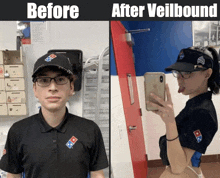 a before and after photo of a domino 's pizza employee