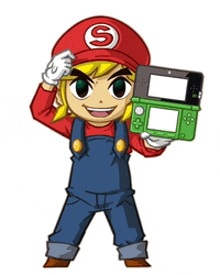 a cartoon character with the letter s on his hat is holding a video game