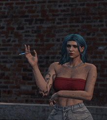 a woman with blue hair is standing in front of a brick wall and smoking a cigarette