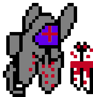 a pixel art drawing of a robot with a purple eye and a red cross on it .