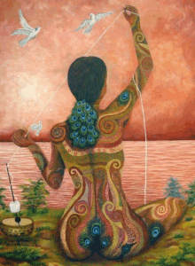 a colorful painting of a woman with peacock feathers