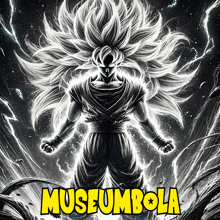 a black and white drawing of a cartoon character with the words museumbola in yellow letters