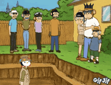 a cartoon of a group of monkeys standing around a hole with gif jif on the bottom