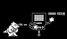 a black and white pixel art of a cartoon character talking to a robot .