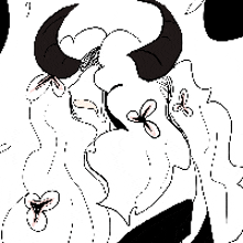 a black and white drawing of a woman with horns