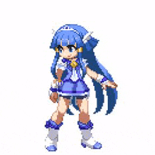 a pixel art illustration of a girl with blue hair and a blue dress .