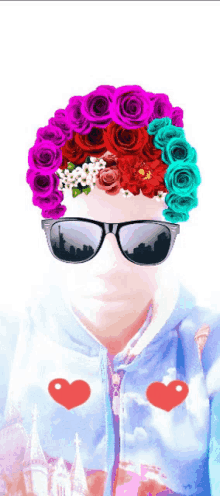 a person wearing sunglasses and a floral headpiece