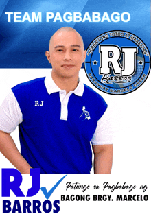 a man in a blue shirt with the name rj on the front