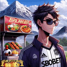 a man wearing sunglasses and a sbobet jersey stands in front of a food cart