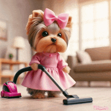 a small dog wearing a pink dress and a pink bow is vacuuming the floor