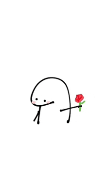 a stick figure is holding a red rose in its mouth .