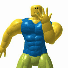 a 3d model of a roblox character with muscles and a smiley face .