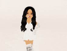 a girl with long black hair is wearing a white headband and white boots