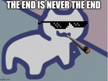 a cartoon cat wearing sunglasses and smoking a cigarette with the words " the end is never the end "