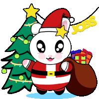 a cartoon bunny dressed as santa claus holding a bag of gifts