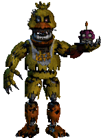 a nightmare chica from five nights at freddy 's is holding a purple cupcake