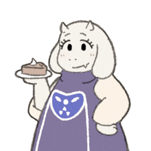 a cartoon drawing of a sheep holding a piece of pie