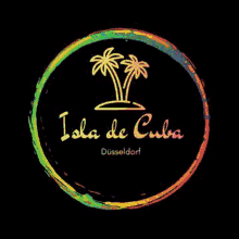 the logo for isla de cuba is a circle with two palm trees in the middle of it .